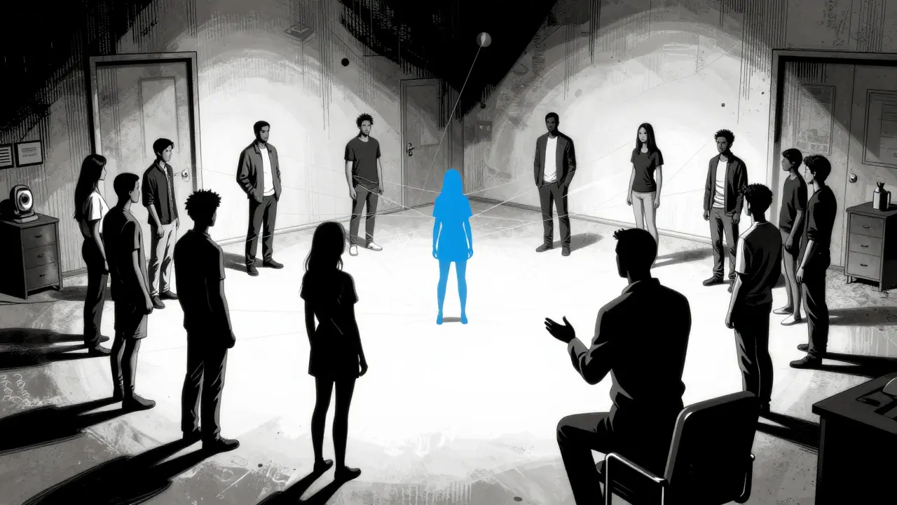 Terapeutická sezení s rodinou znázorněné jako prostorová skulptura vztahů.