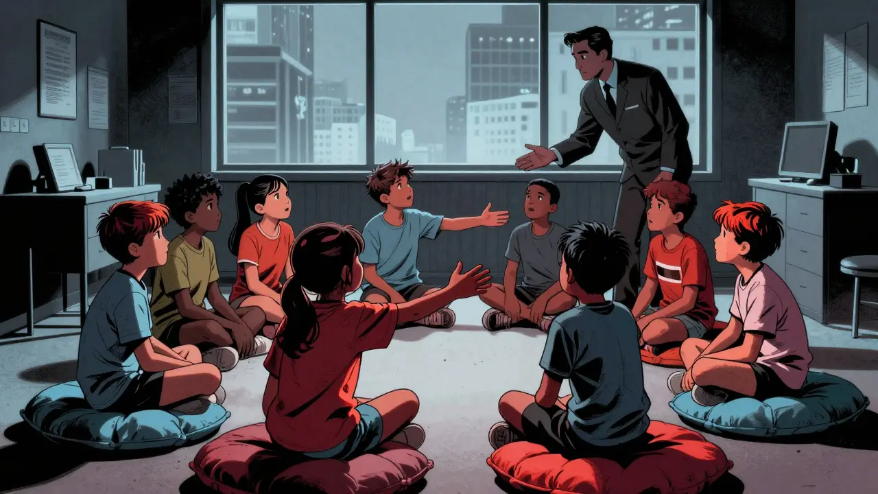 Děti v kruhu se terapeutem cvičí sociální interakce v komiksovém stylu.