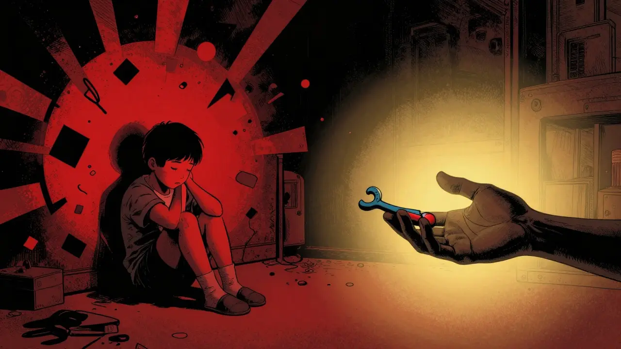 Dítě v temnotě vs. podpůrná ruka ve světle, kontrastní komiks