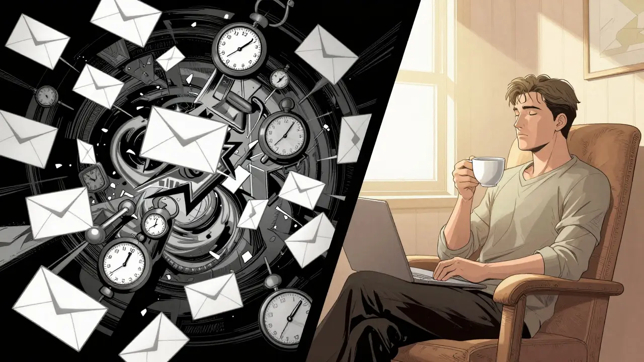 Kontrast mezi chaotickým myšlenkovým procesem a klidem při odpočinku ve stylu komiksu.