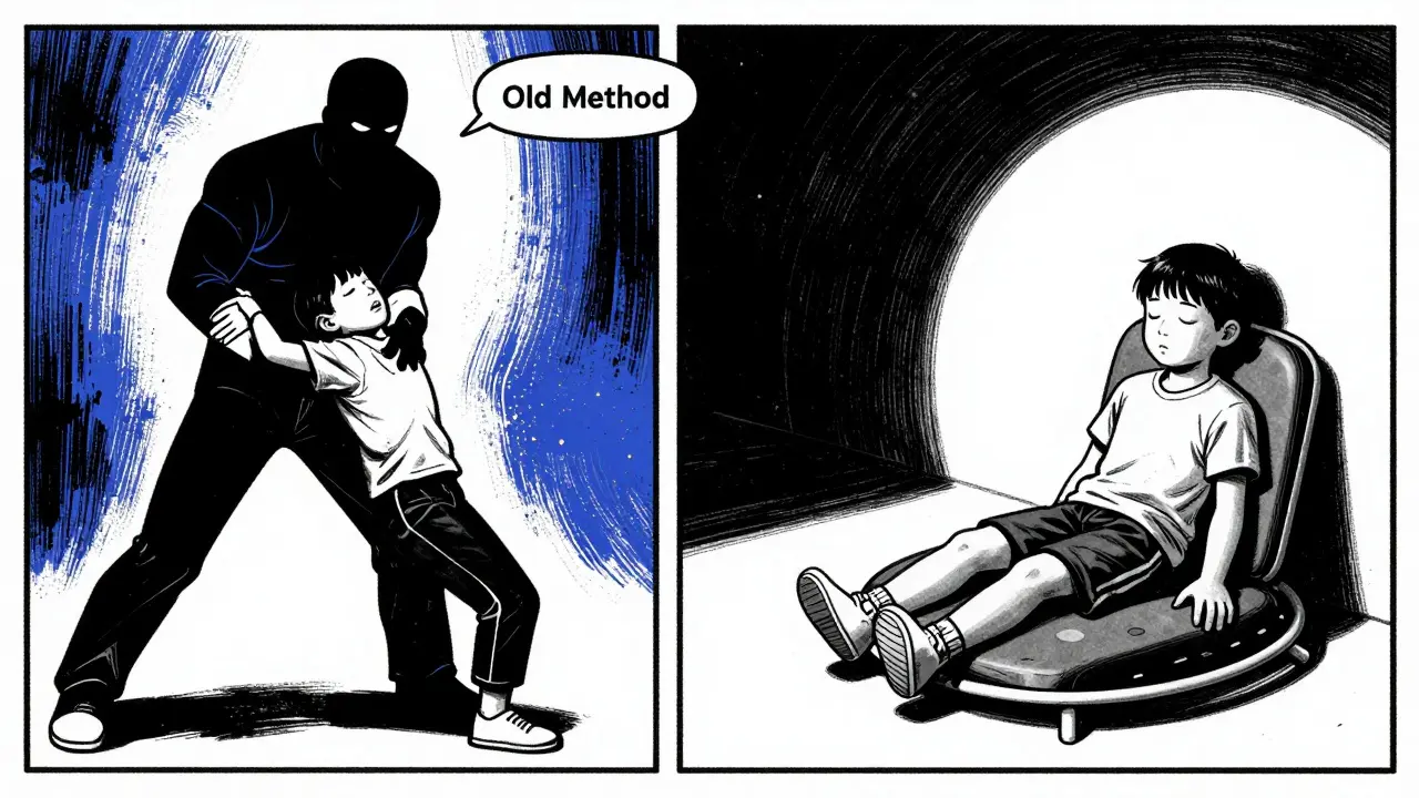 Kontrast mezi potlačením stimmingu a klidem při použití vibrační podložky v noir komiksovém stylu.