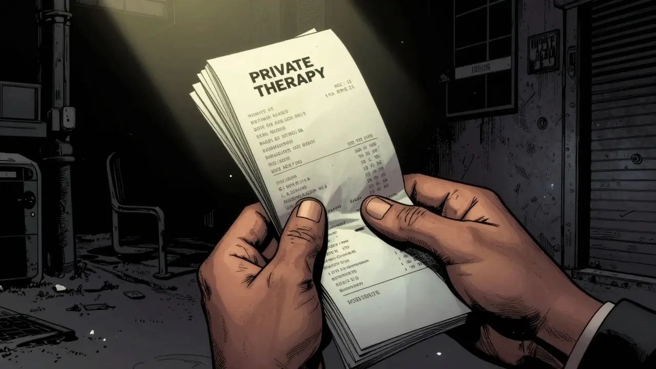 Noir komiks: ruka drží účtenky za terapii ve světle, symbolizující finanční zátěž péče.