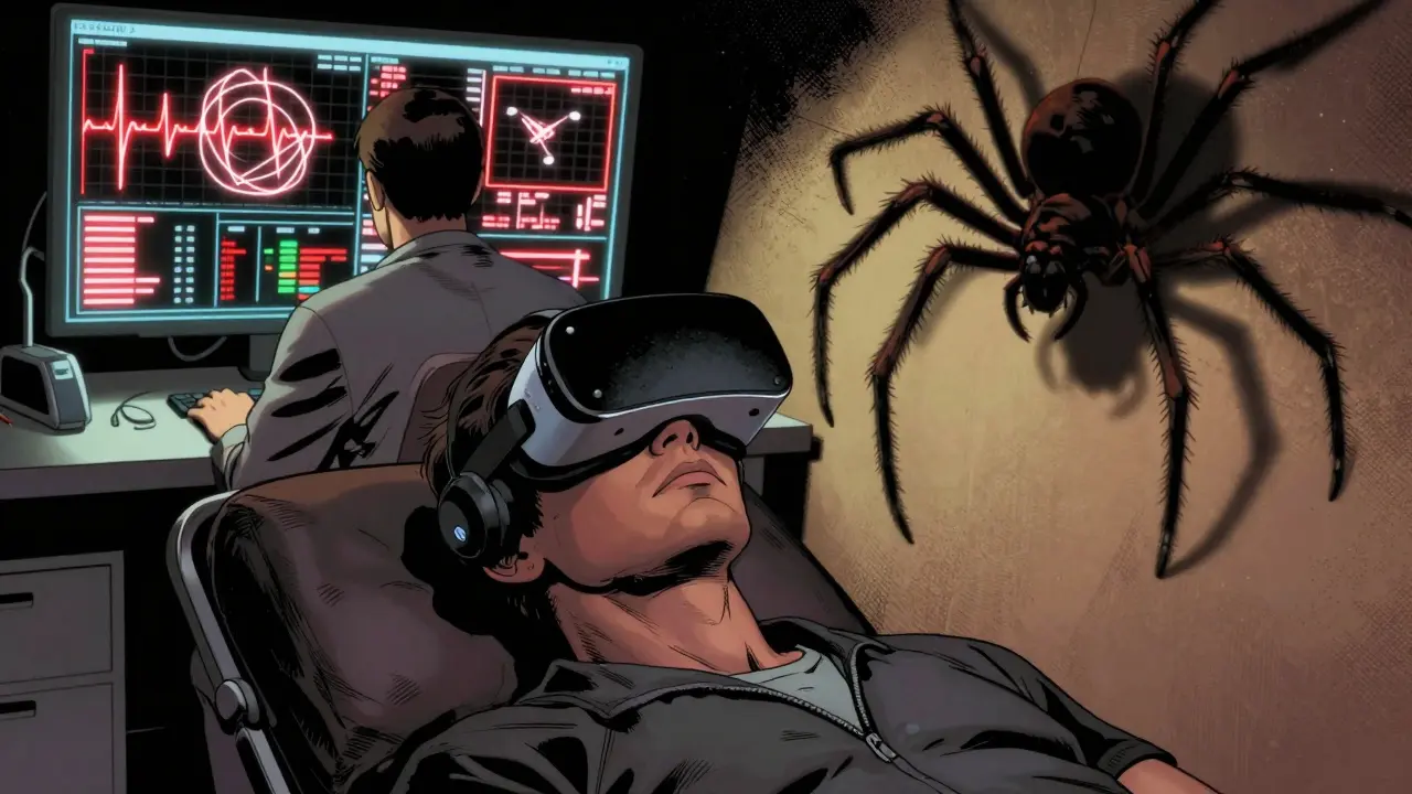 Pacient s VR brýlemi při terapii fobií pod dohledem terapeuta