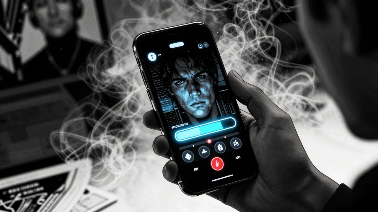 Ruka drží telefon s končícím limitem terapie v tmavé atmosféře