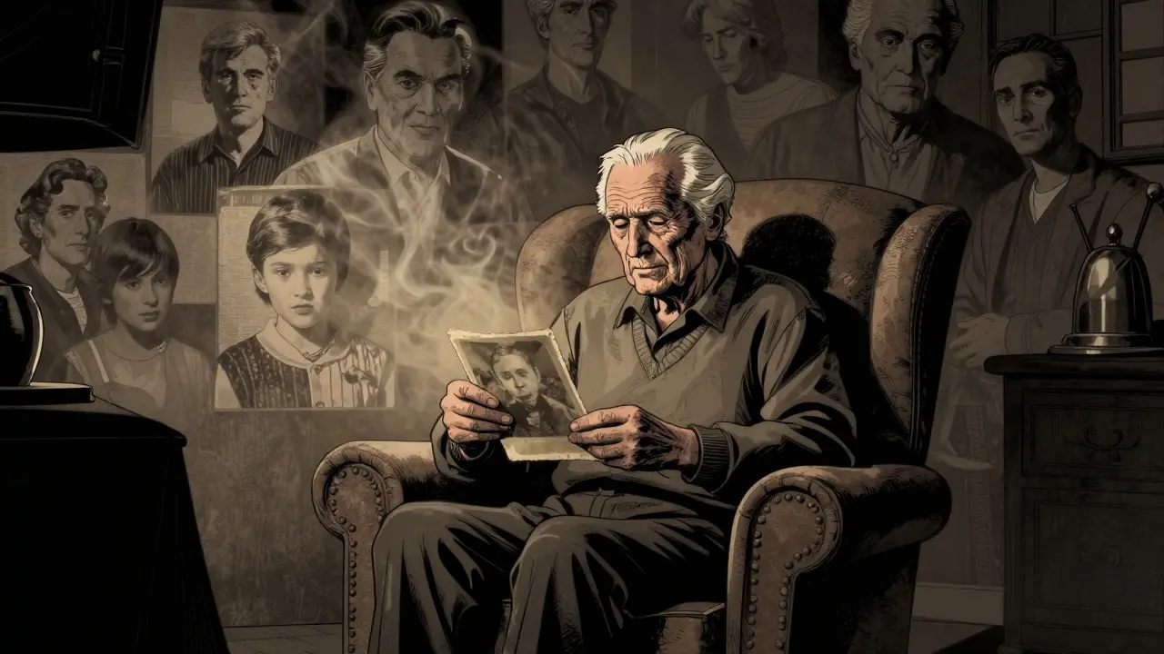 Senior drží starou fotografii, obklopen stíny svých vzpomínek