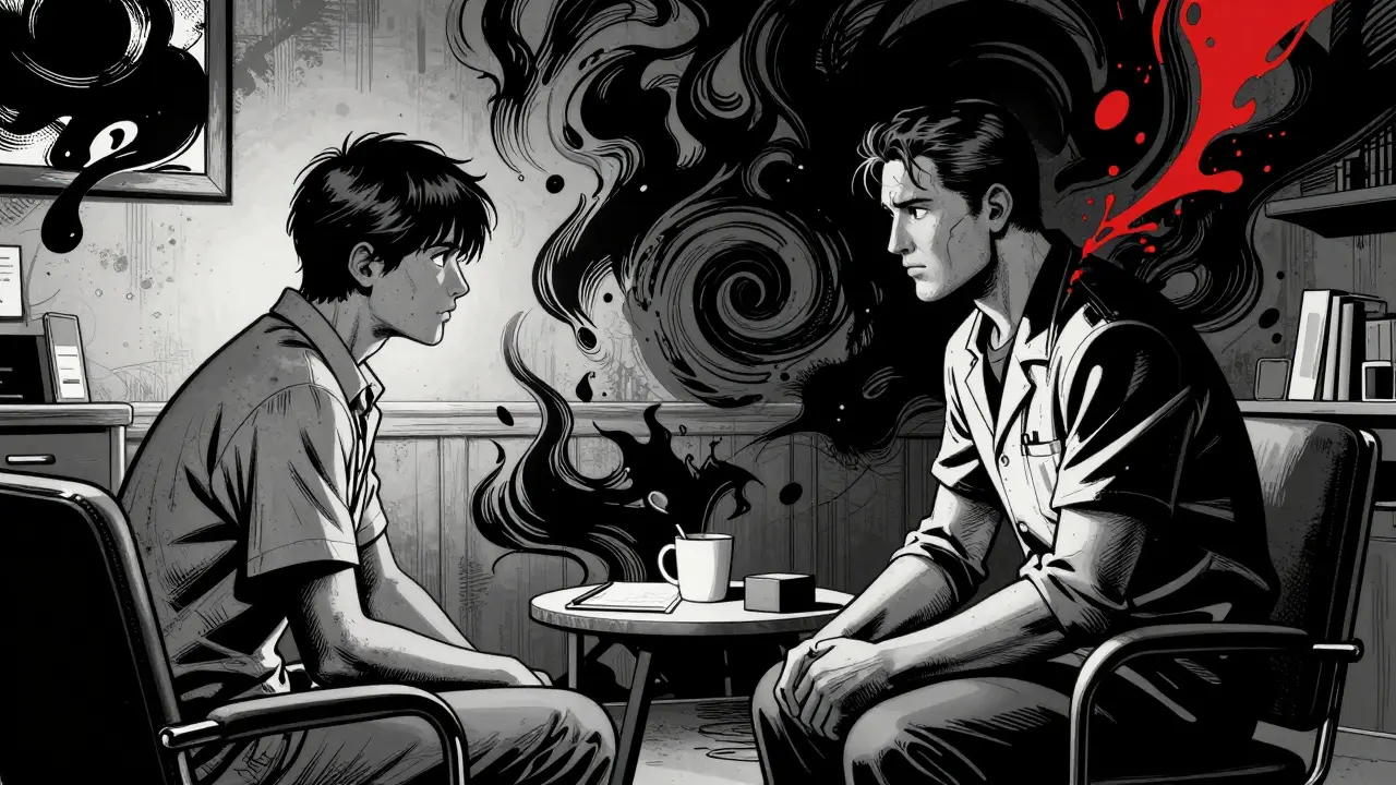 Terapeutická relace ve stylu Sin City, dramatiční stíny a emocionální intenzita