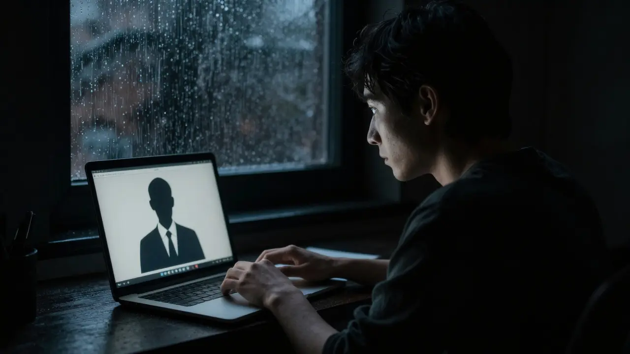 Člověk na online terapii osvětlený světlem notebooku v deštivém městě