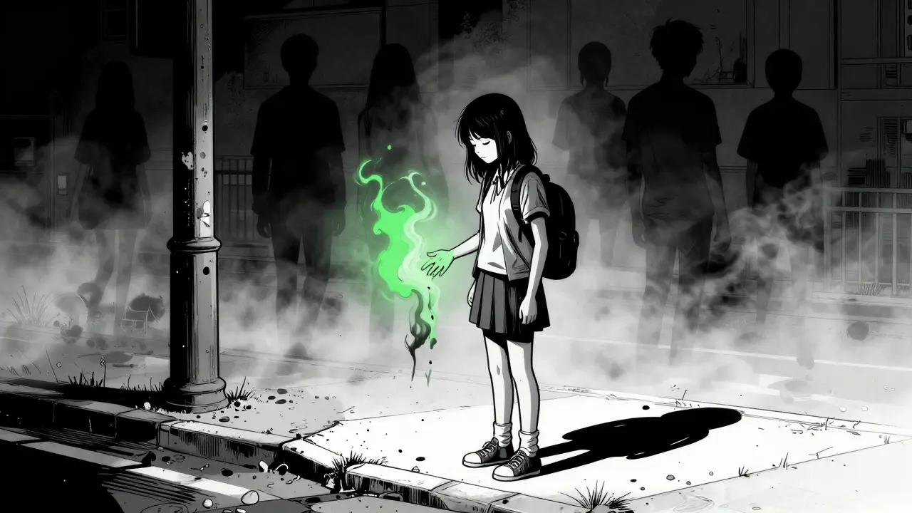 Dospívající dívka v mlze symbolizuje riziko pro mozek v komiksovém stylu