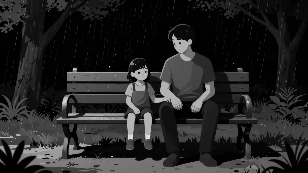 Rodič a dítě drží ruce po terapii v noir stylu