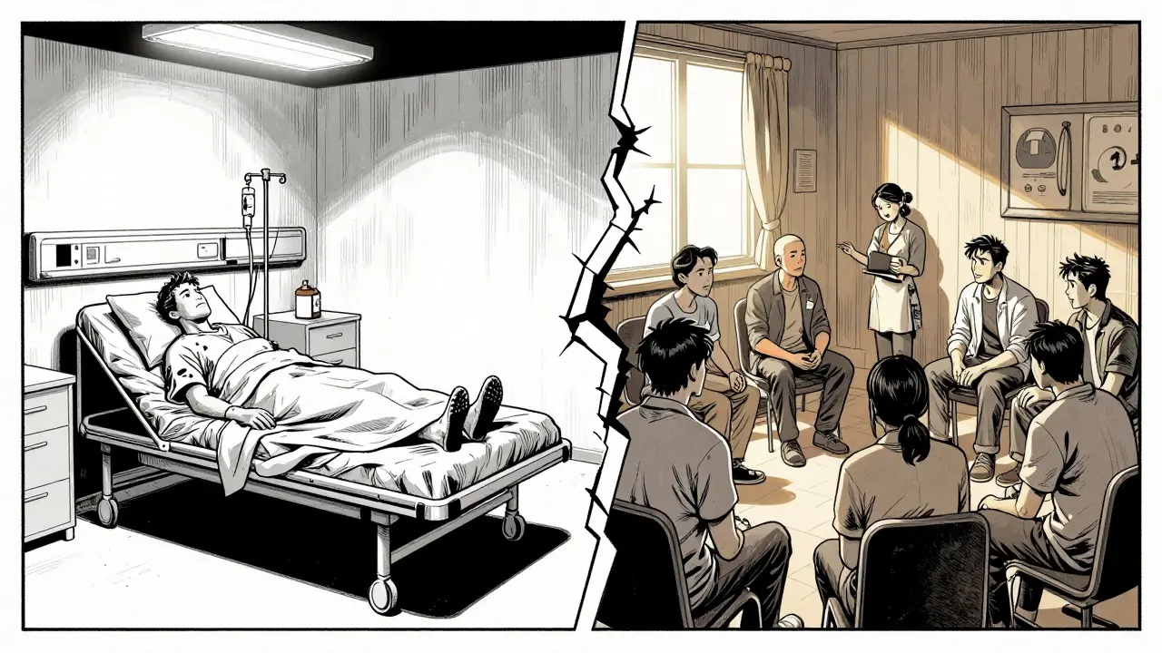 Rozdíl mezi nemocničním ošetřením a komunitní terapií v komiksovém stylu