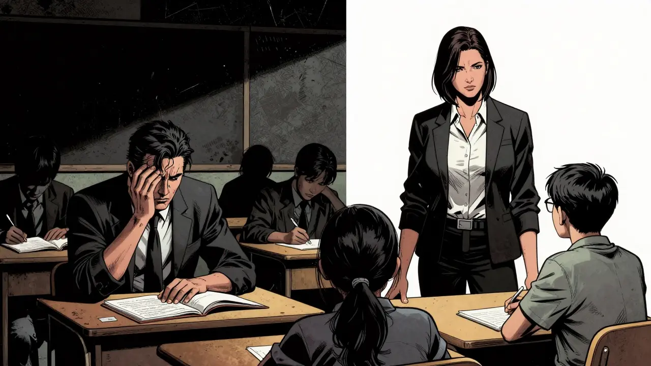 Učitel a žák při spolupráci v komiksovém stylu