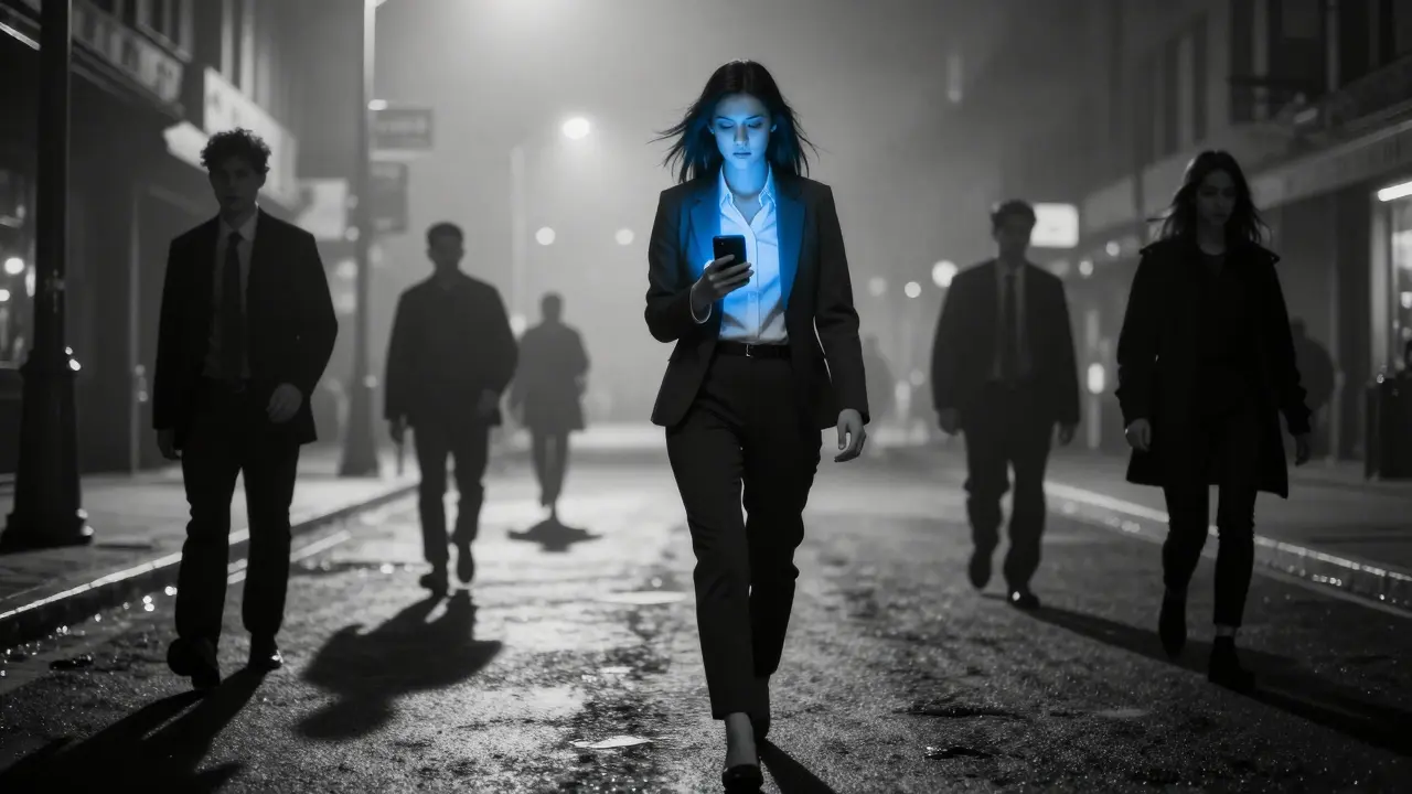 Důvěryhodný profesionál s telefonem ve městě v nočním noir stylu