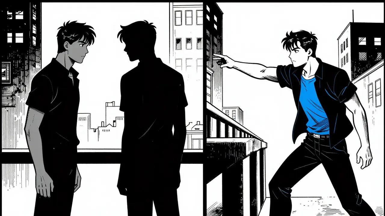Komiksový styl Sin City: rozdělená scéna ukazující rovnováhu mezi přijetím a změnou v terapii DBT.