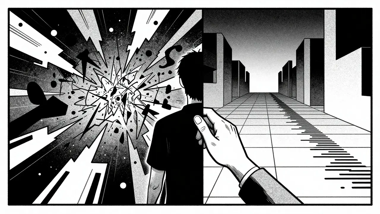 Kontrast mezi chaosem traumatu a strukturou terapie v komiksovém stylu