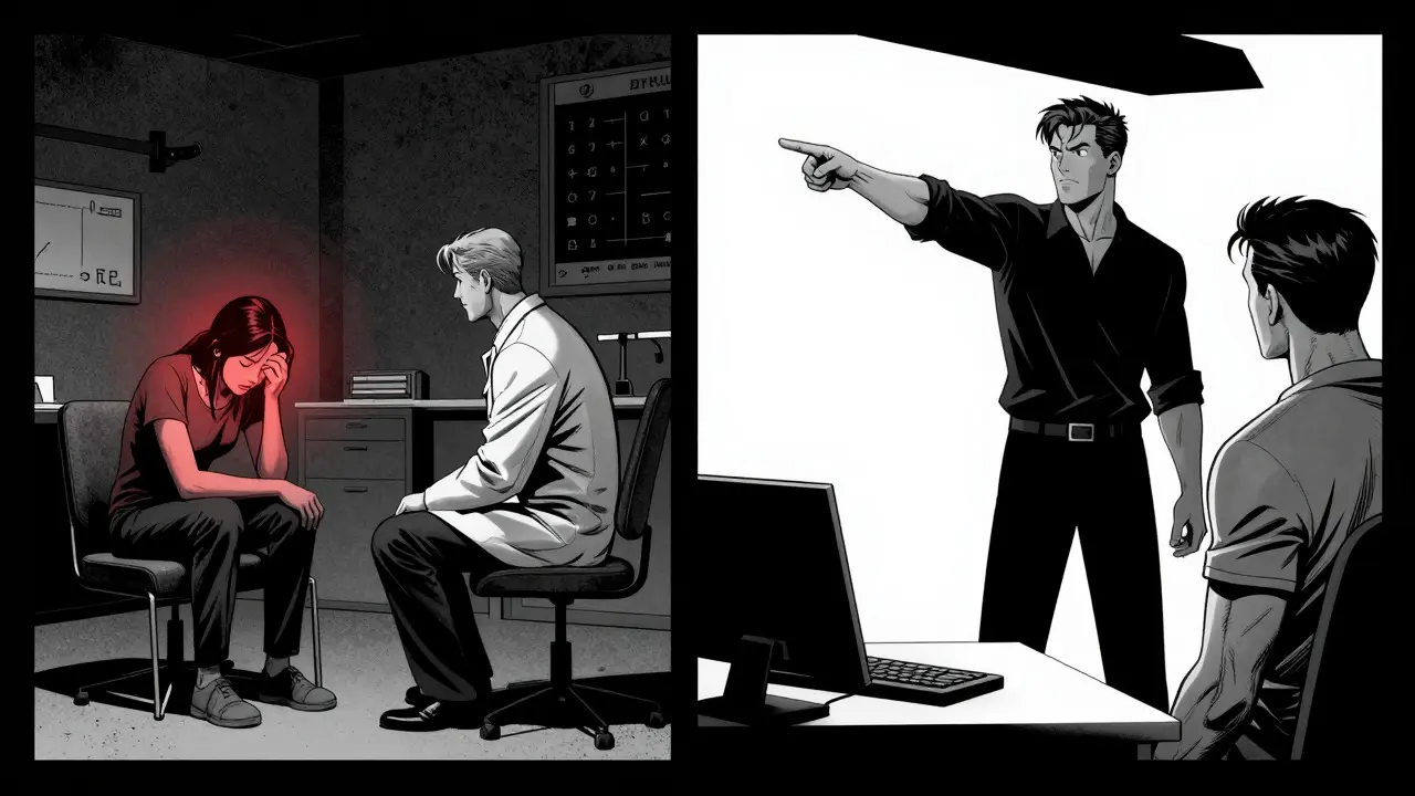 Kontrastní ilustrace v stylu Sin City ukazující rozdíl mezi terapeutickou péčí a koučováním