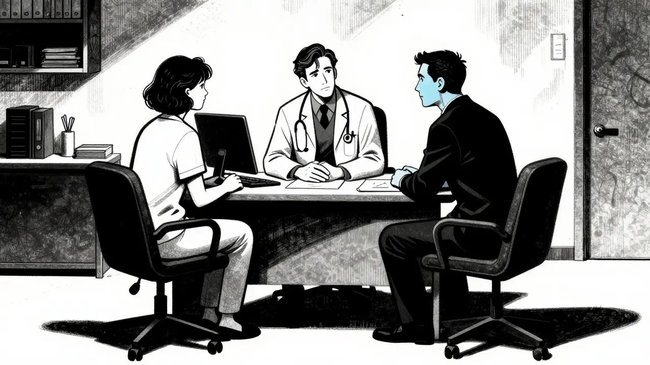 Lékař a pacient v dialogu, noir ilustrace