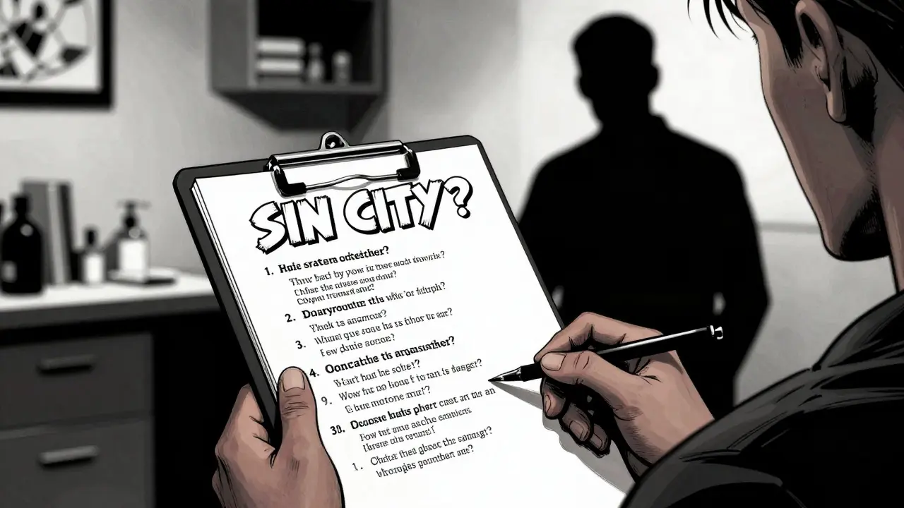 Pacient s poznámkami u lékaře, komiksový styl