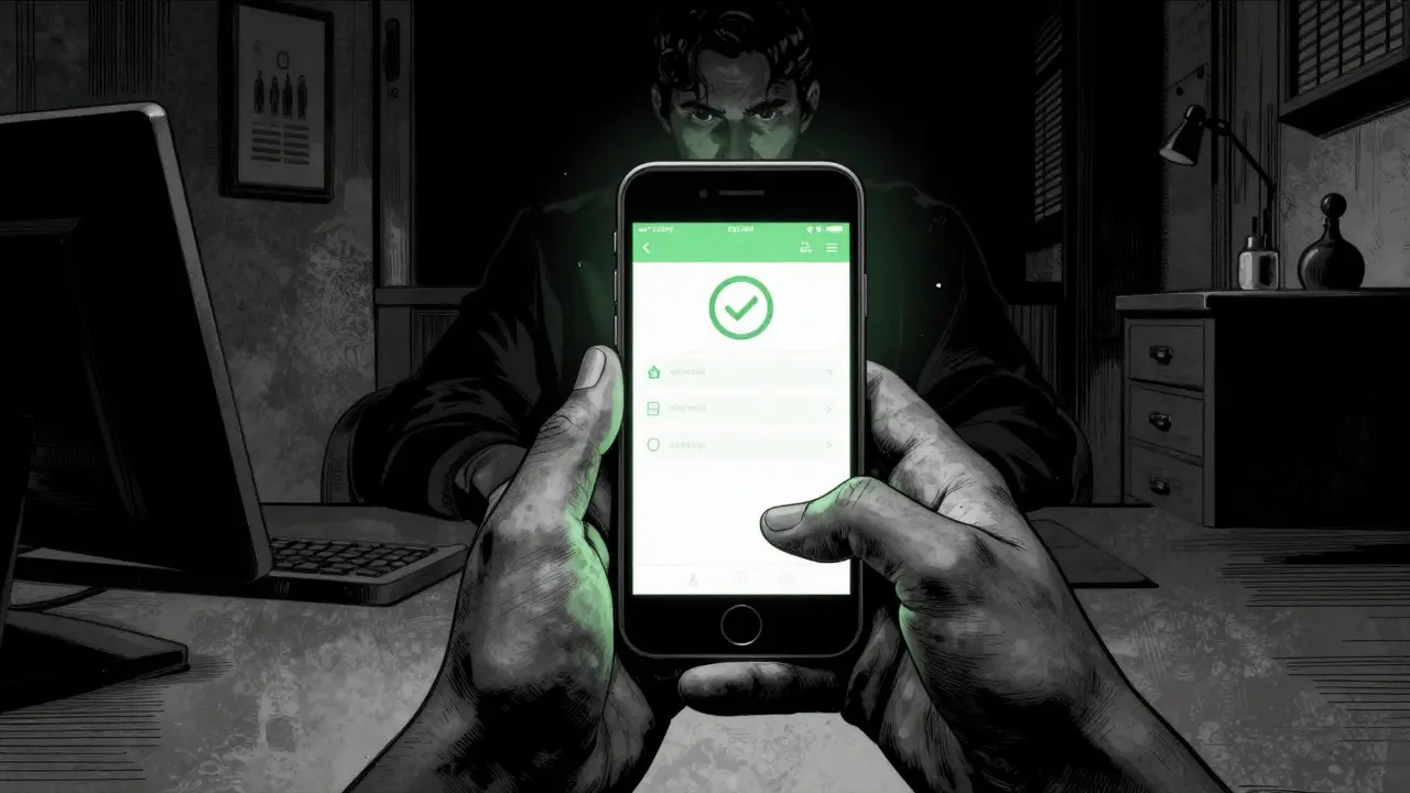Ruce drží telefon s žádostí o příspěvek, zelené světlo obrazovky