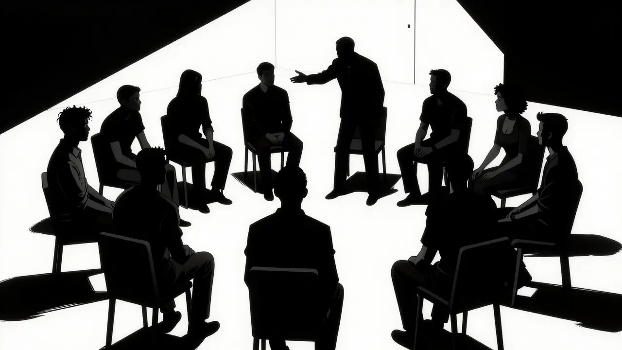 Skupina lidí sedící v kruhu, ilustrující dynamiku skupinové psychoterapie.