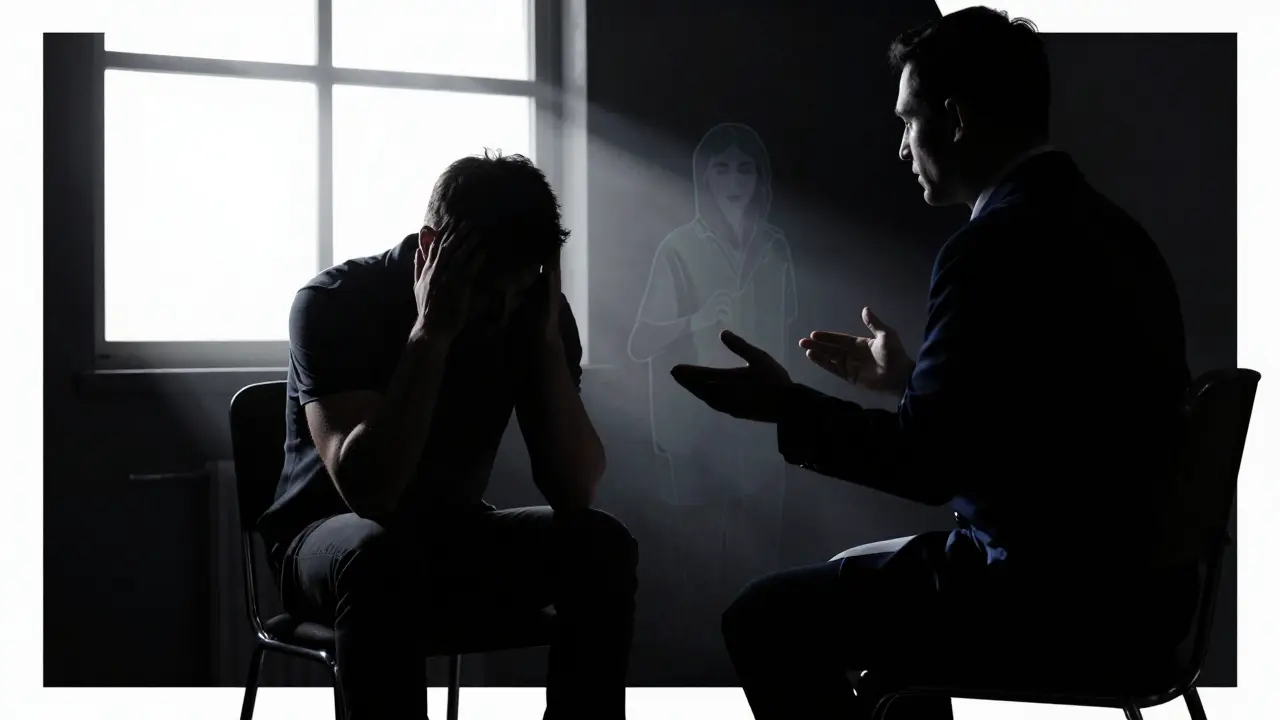 Terapeut a pacient v tmavé místnosti při zpracování traumatu