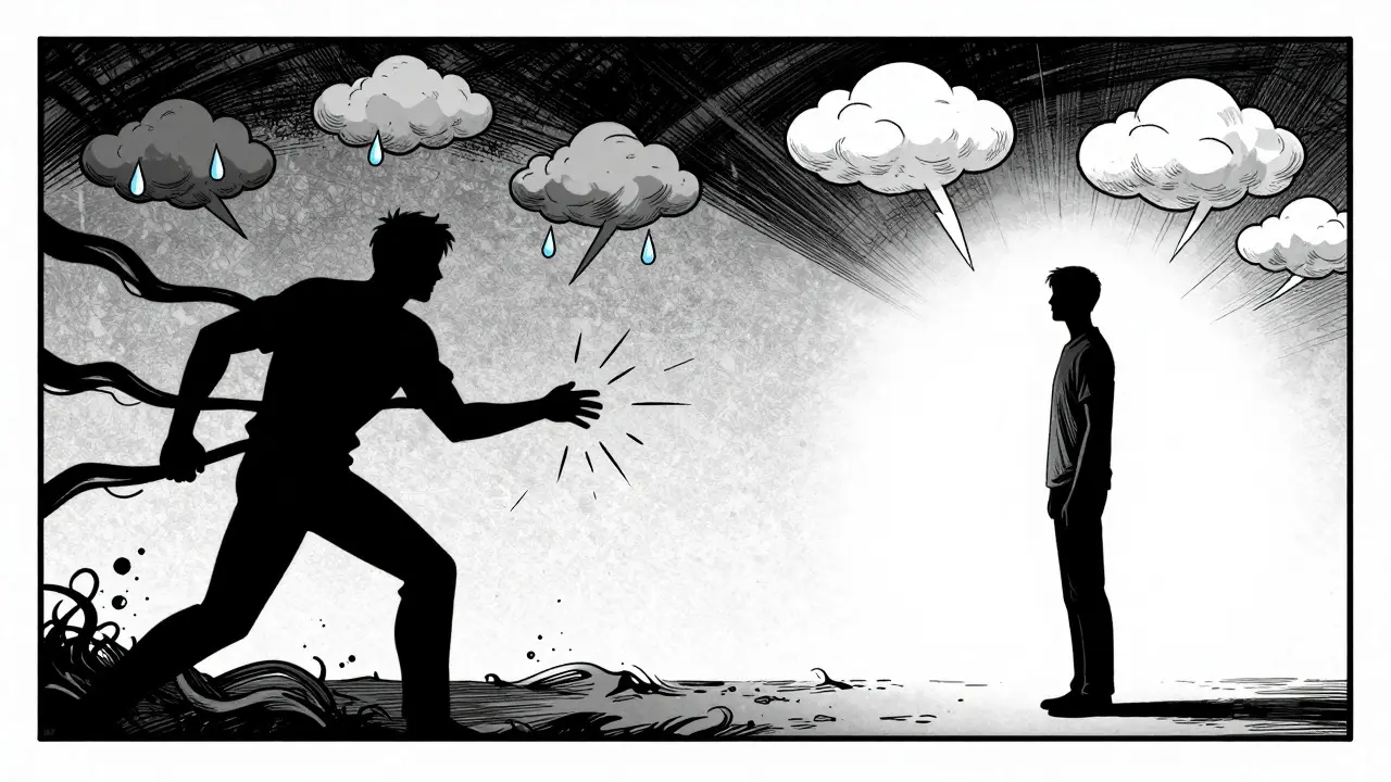 Grafický panel ve stylu Sin City: rozdělená kompozice ukazující konflikt mezi emočním hladem a klidným pozorování myšlenek jako oblaků.