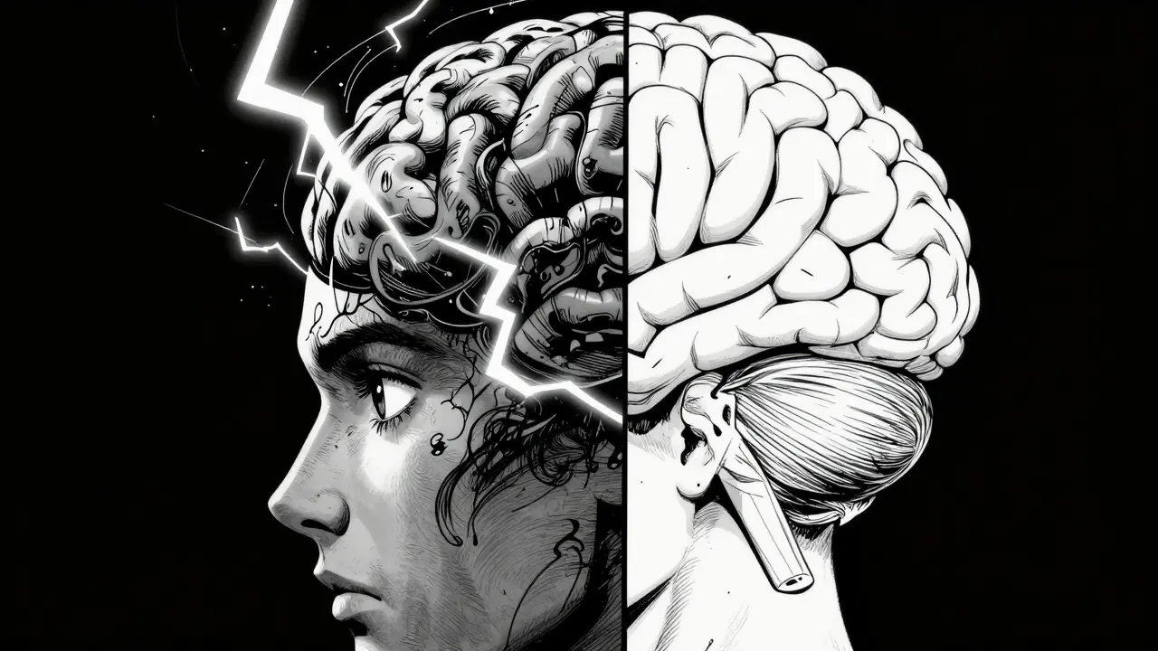 Ilustrace hlavy s chaotickým mozkem na jedné straně a klidným na druhé