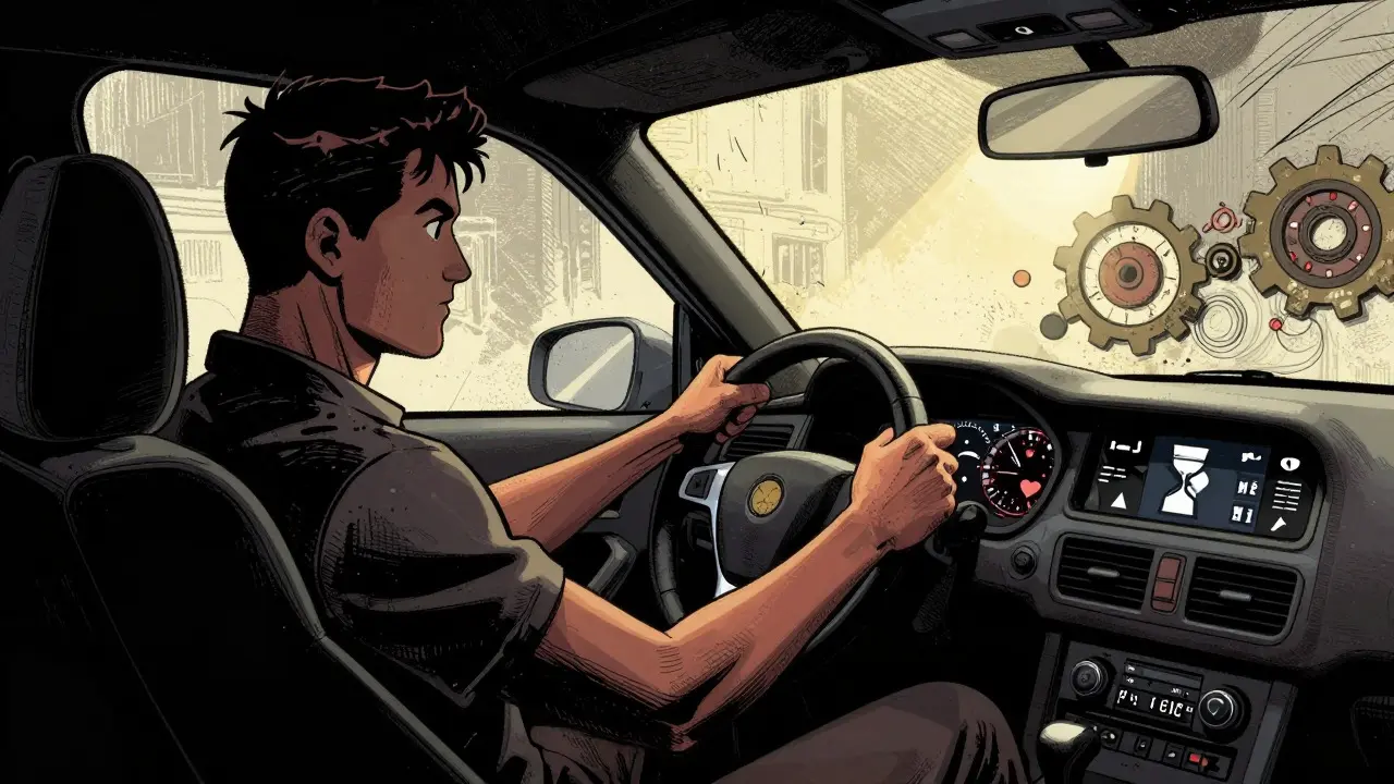 Metaphorical Sin City image of a person driving a car with abstract skill symbols