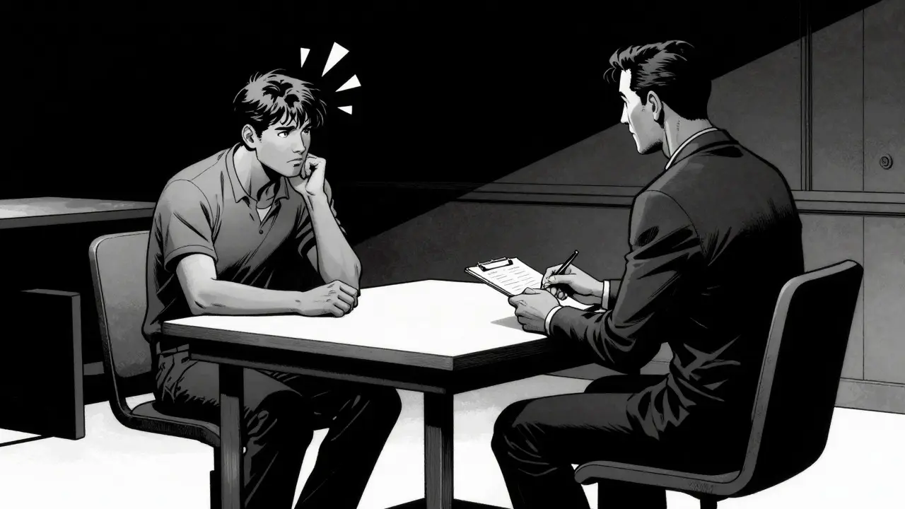 Noir comic art of a calm therapy session between a therapist and patient