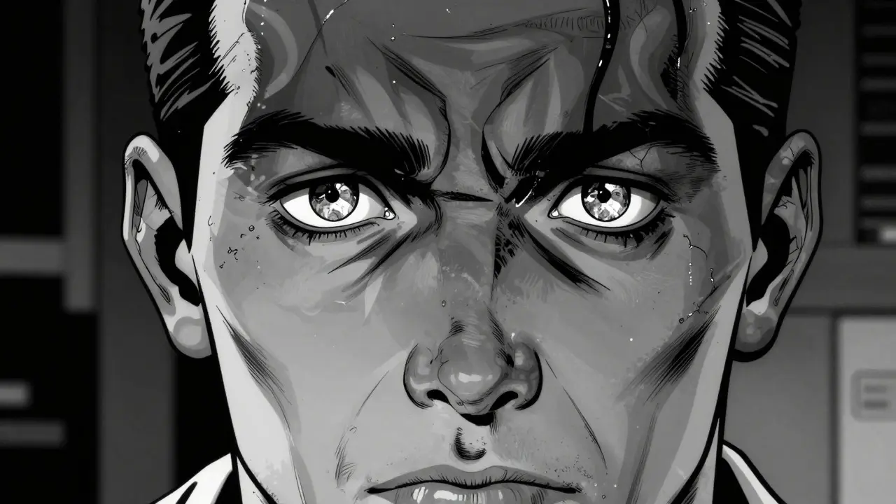 Záběr na oči zdravotníka odrážející fragmenty utrpení pacientů ve stylu Sin City