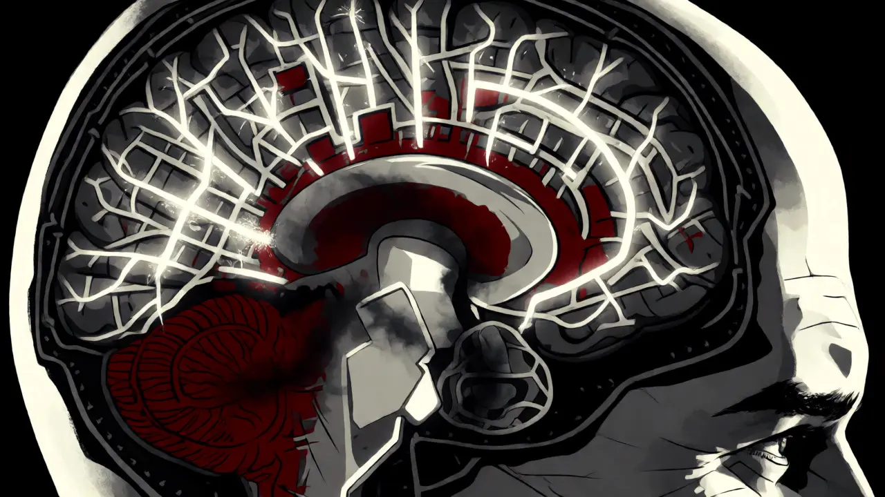 Abstraktní vizualizace změn v mozku a neuroplasticity ve stylu Sin City