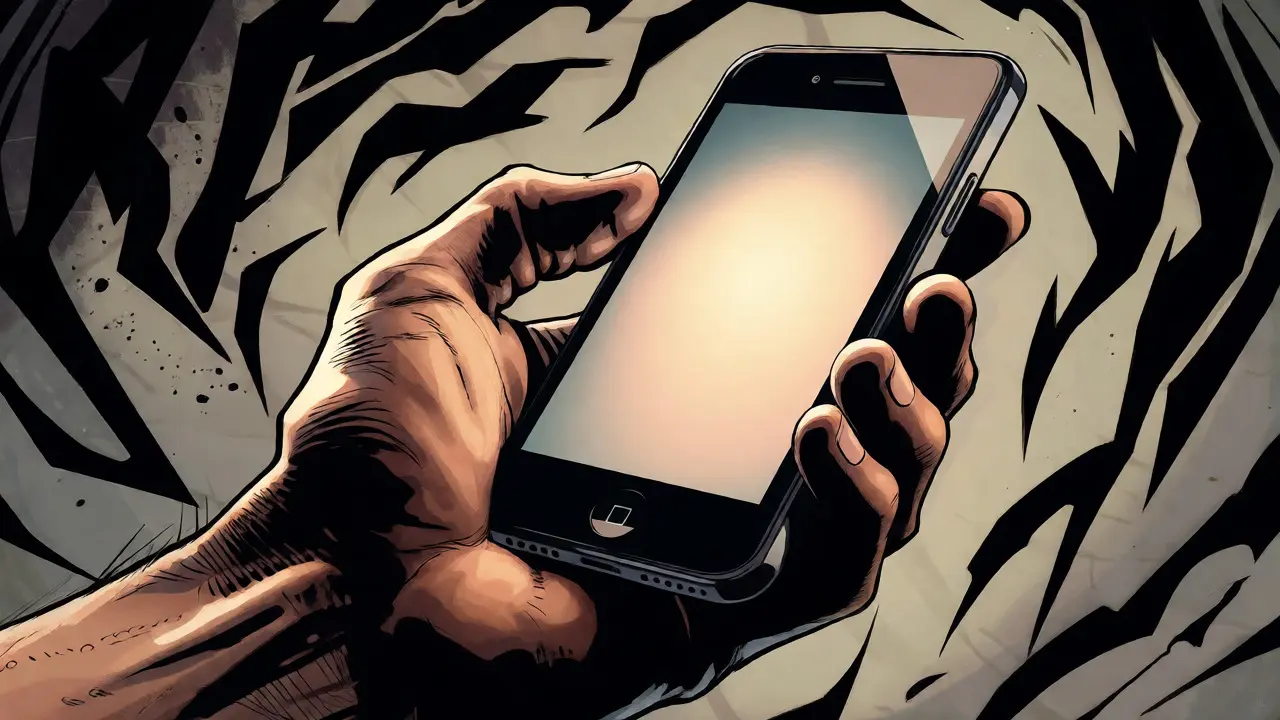 Detailní záběr na ruku svírající mobilní telefon obklopenou abstraktními stíny úzkosti.