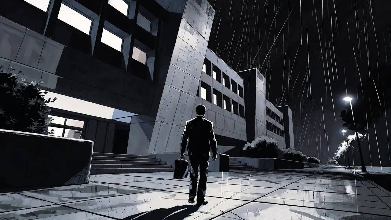 Postava odchází z budovy terapie do deštivé noční ulice ve stylu Sin City.