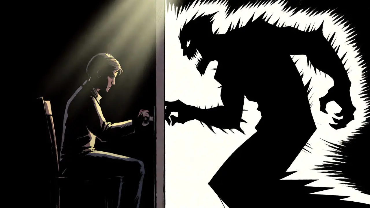 Postava odolávající úzkosti při expozici klikám dveří ve stylu Sin City