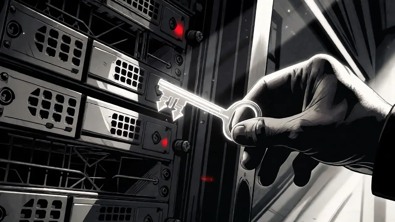 Ruka držící světelný klíč před tmavým serverovým rackem v noir stylu.