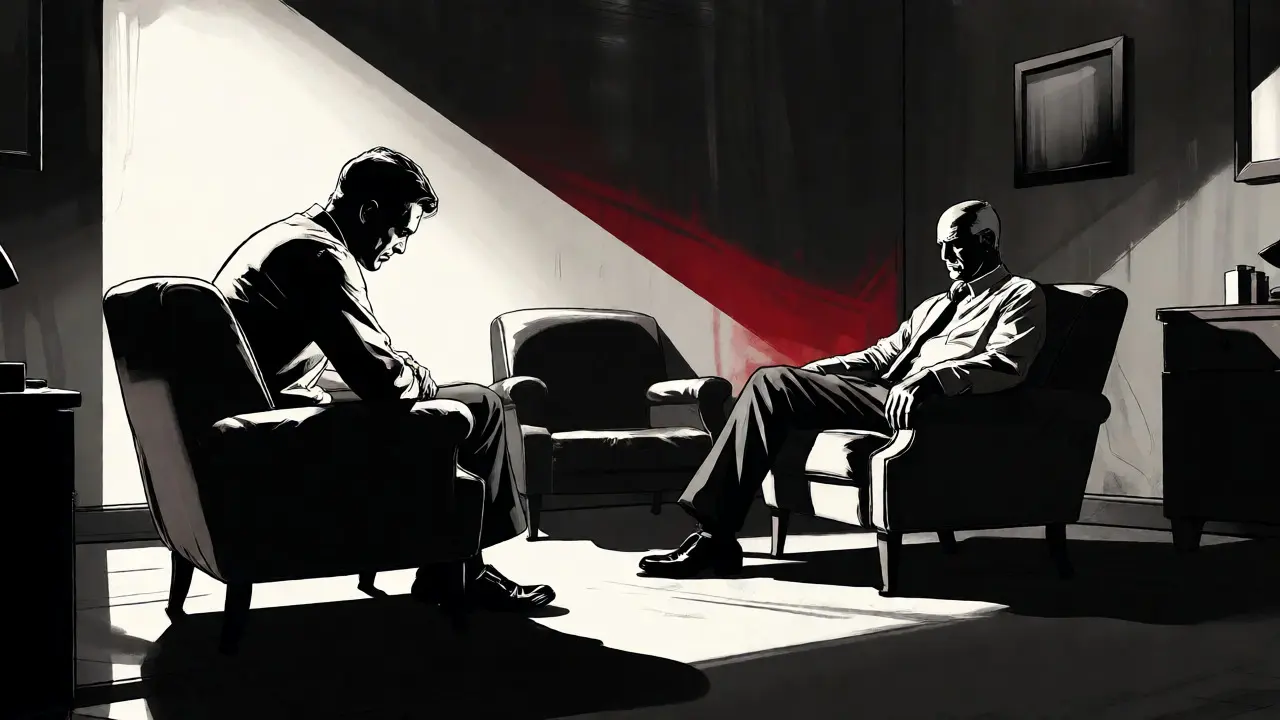 Scéna psychoterapie ve stylu Sin City znázorňující překonávání strachu