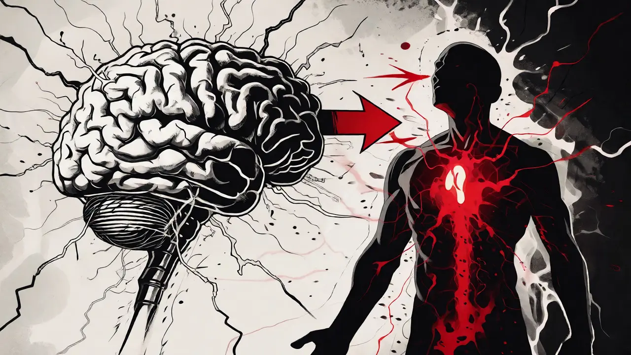 Stylizovaná ilustrace mozku a těla během panické reakce ve stylu Sin City