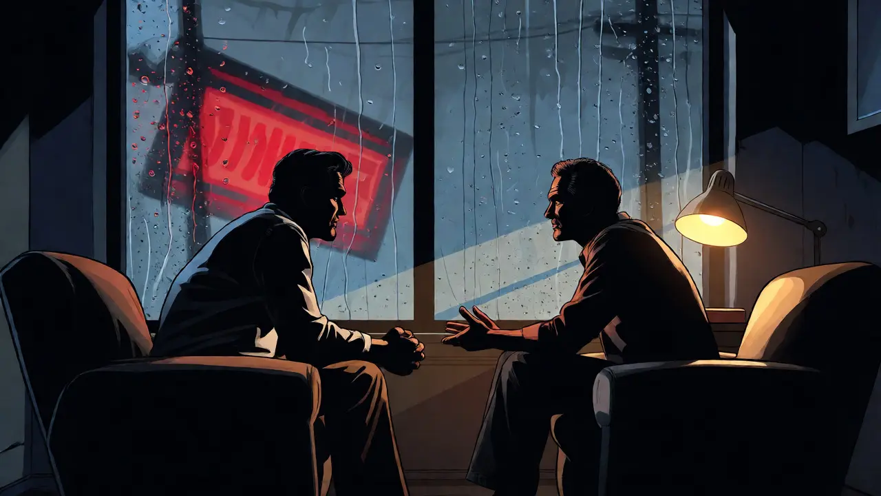 Terapeutická sezení osvětlená teplou lampou proti pozadí deštivého okna ve stylu Sin City