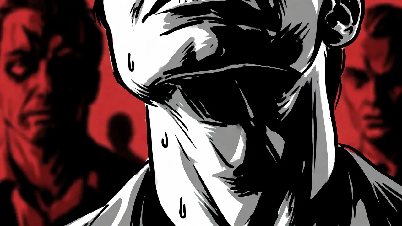 Fyzické napětí v krku ilustrující somatický aspekt gestalt terapie ve stylu Sin City