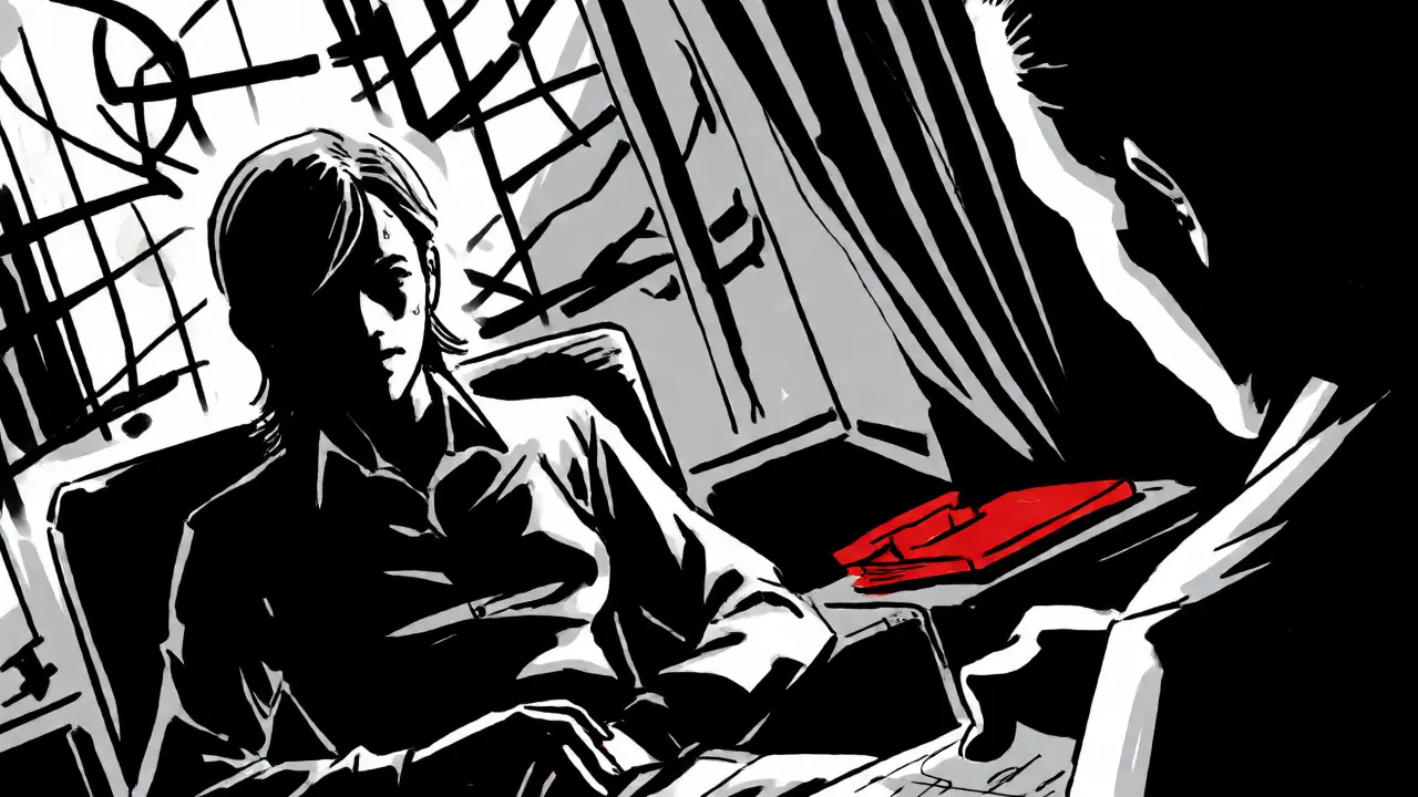 Napjatá scéna terapie ve stylu Sin City s vysokým kontrastem a stíny, zdůrazňující nejistotu klienta.