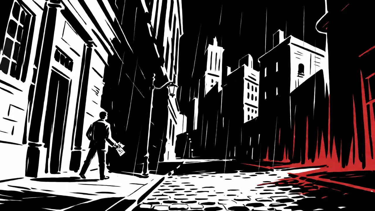 Postava kráčí deštivou ulicí ve stylu Sin City, drží doporučení od lékaře, symbolizuje vlastní cestu.