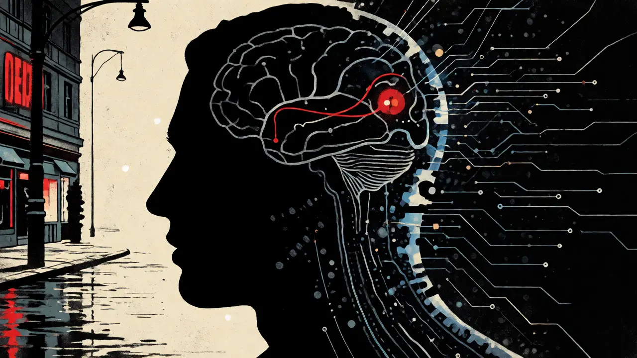 Silueta hlavy spojující lidskou empatii s neuronovými cestami v noirové estetyce