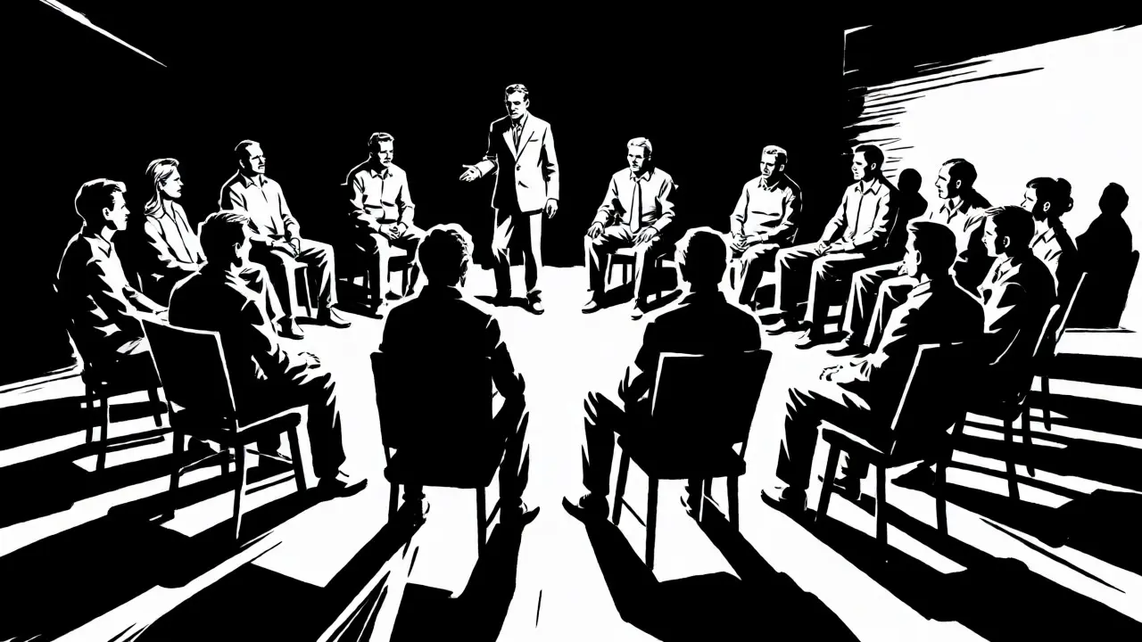 Skupina lidí v kruhu při terapii ve stylu černobílého komiksu