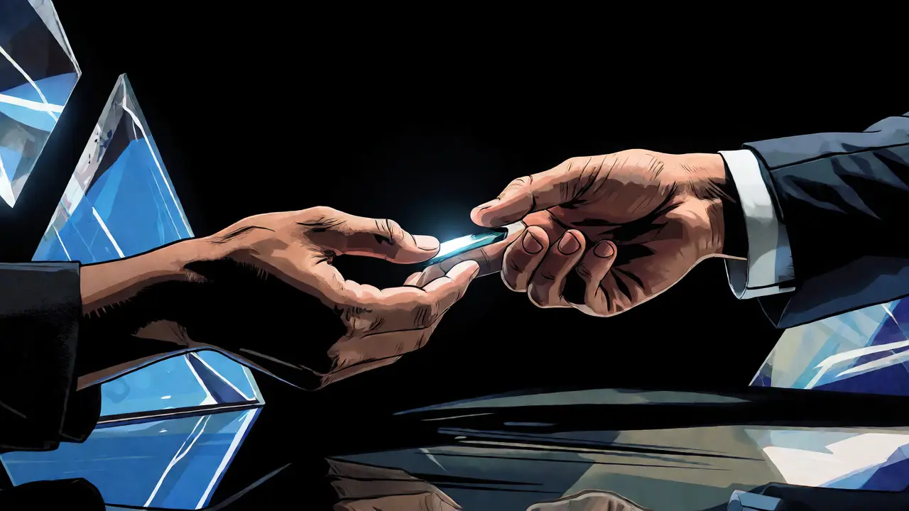 Symbolické předání důvěry mezi rukama v komiksové estetikě.